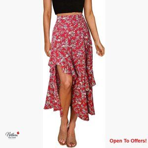 Floral Print Maxi Skirt with Elastic Waist and High Low Ruffle Hem